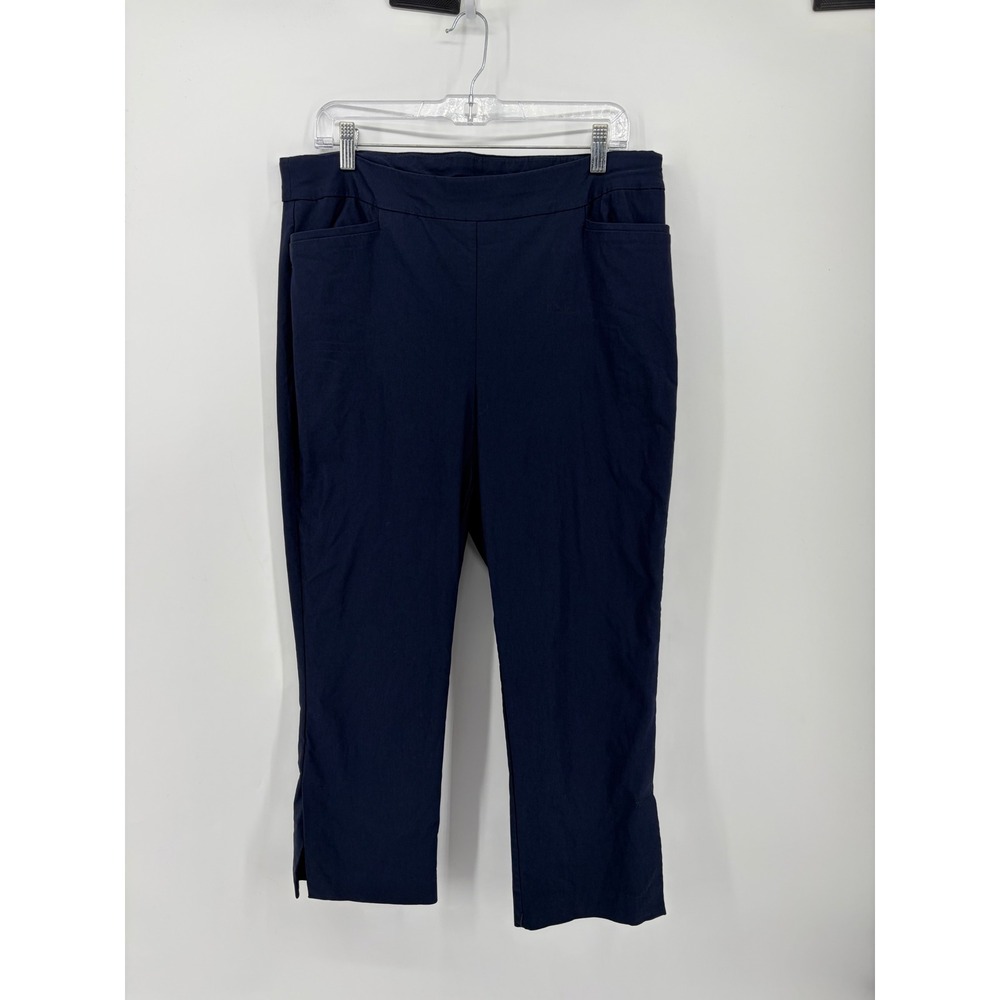 Chico's Womens 14 Navy Blue Crop Pants Pull On Stretch Straight Leg Side Slit